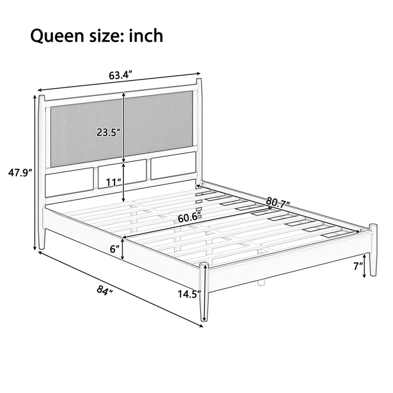 Structure de lit plateforme grand avec tête de lit en rotin, lit en osier avec support en lattes de bois, style bord de mer bohème, aucun sommier tapissier requis