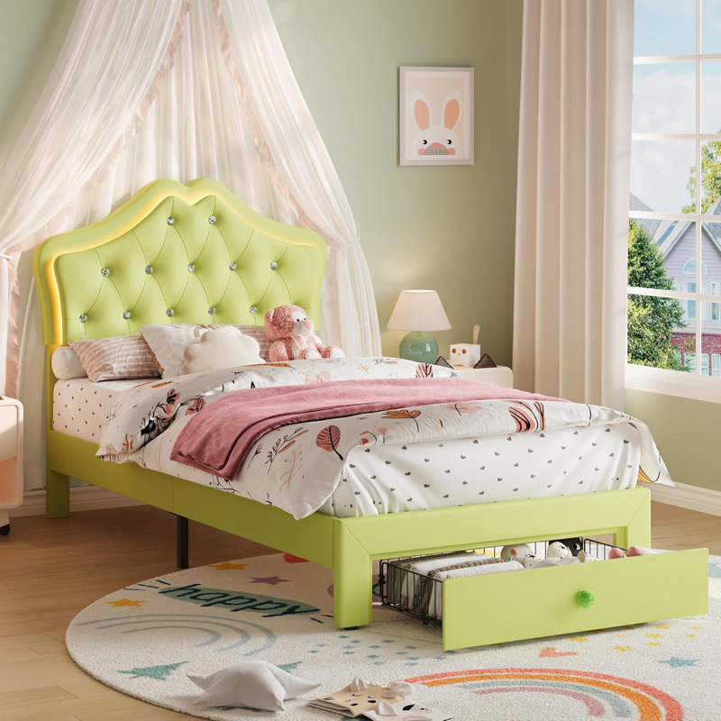 Twin Upholstered Platform Bed Frame with Storage Drawers, Low-Profile Faux Leather Bed with Crystal Accent Headboard, Green