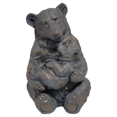 18 Inch Antique Bronze Mother Bear Embracing Cub Garden Sculpture, Realistic Fur Detailed Wildlife Statue, Outdoor Yard Lawn Front Porch Patio Walkway Decorative Animal Ornament