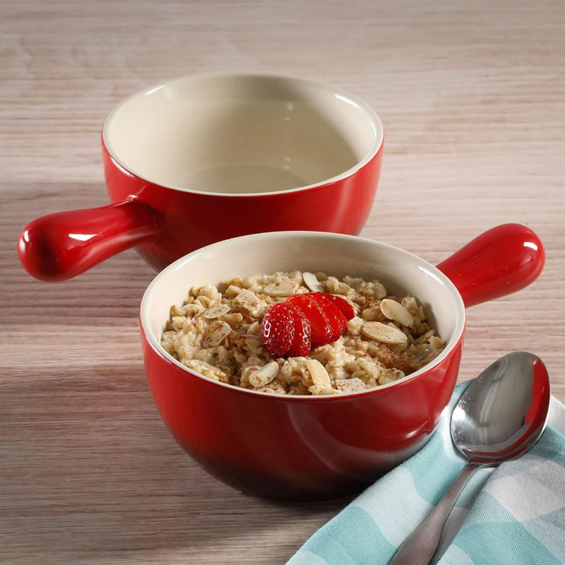 Ensemble de bols à soupe 2 pièces en grès 22 oz avec poignée, rouge dégradé, allant au four