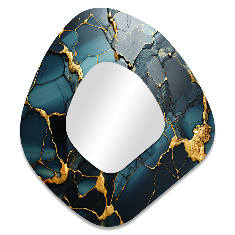 Addilynn Gold and Green Abstract marble Aura IV - Marble Unique Shape Wall Mirror, Gold Asymmetrical Decorative Mirror, Printed Metal Art