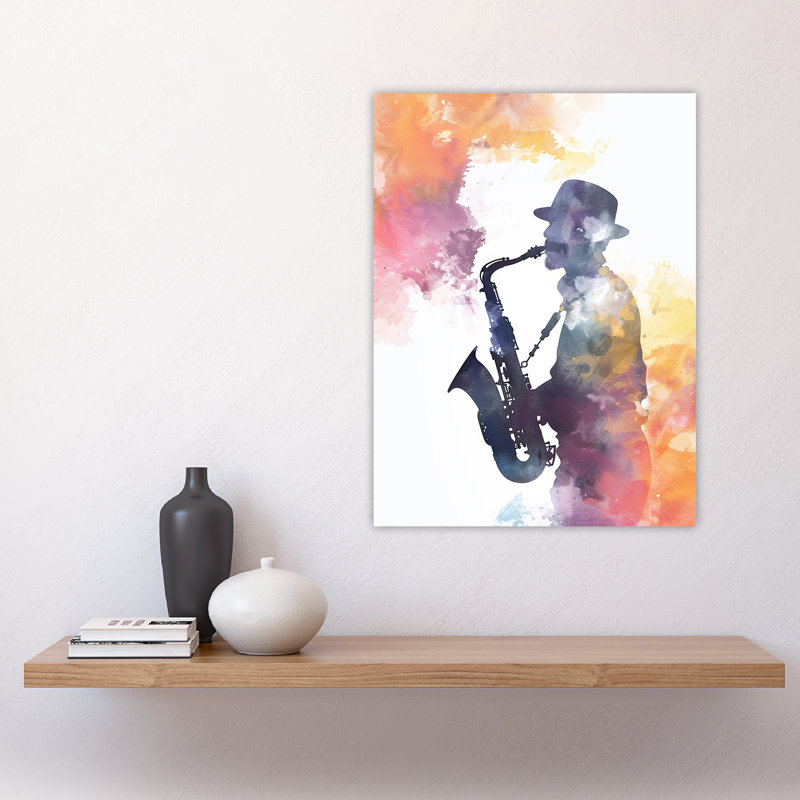 Saxophone Jazz Musician Orange Watercolour Wall Art Print