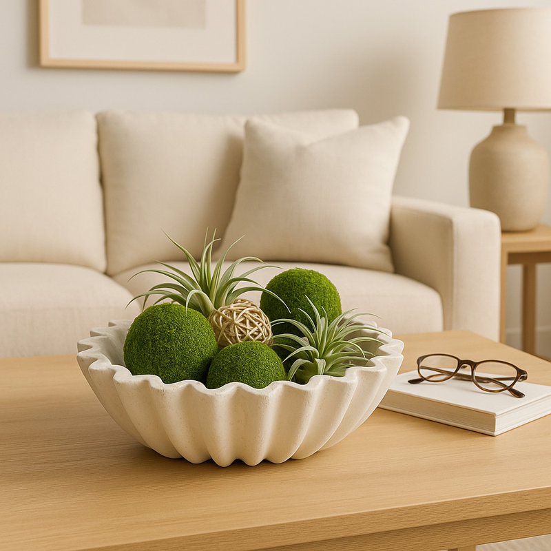 Pottery & Paper Mache Decorative Bowl - Modern Glam Fluted Design - 13" Ivory & Tan Accent For Home, Office, Bedroom, Or Living Room