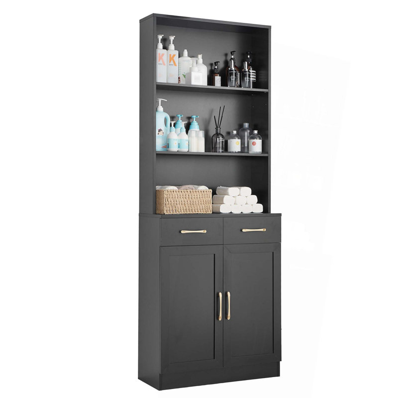 Armoire de rangement pour salle de bain, armoire avec deux portes et tiroirs, tablette réglable, tablette ouverte à trois couches, panneau de fibres à densité moyenne