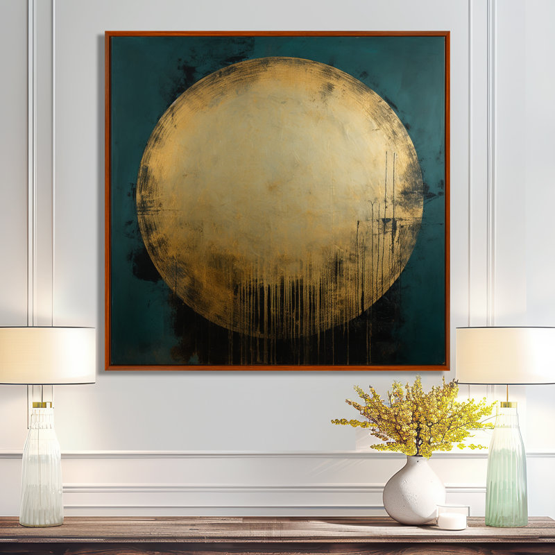 Teal Gold Circle Full Moon - Geometric Wall Art Decor, 30" H x 30" W, Brown Floater Framed