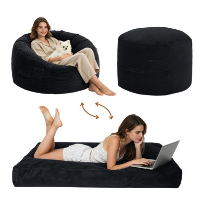 Pouf convertible en lit, velours côtelé noir, format Queen, canapé rond de 119 cm pour salon ou chambre