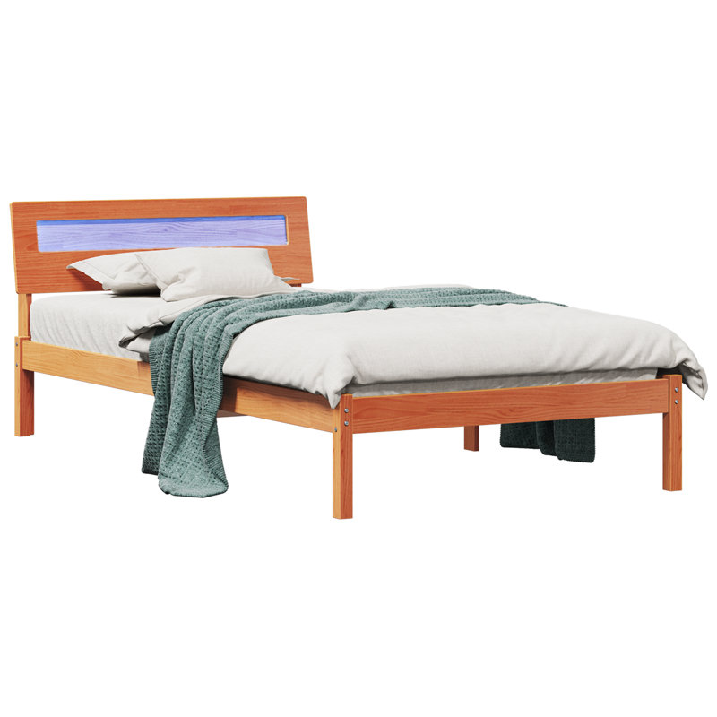 With LED Strip Lights With Headboard Wax Solid Pine Wood, European Single (90 x 200 cm), Wax Brown