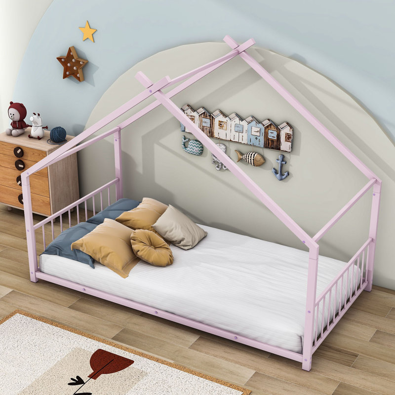 Lit plateforme avec tête de lit en métal Alaye, Rose, Double