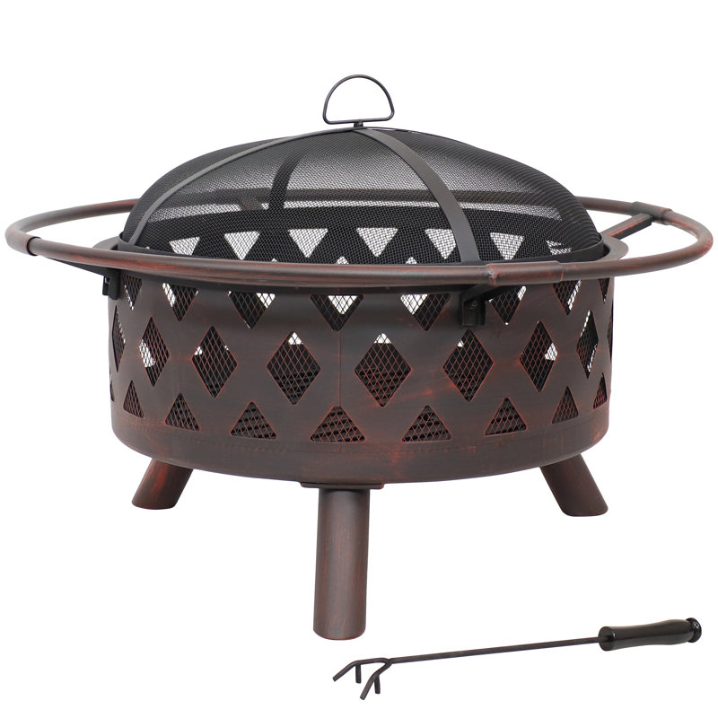 Bronze 30-Inch Crossweave Wood-Burning Fire Pit with Screen and Poker