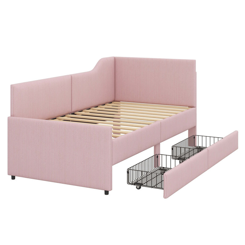 Lit de jour confortable en forme de L en velours côtelé avec structure rembourrée et deux tiroirs de rangement, Rose