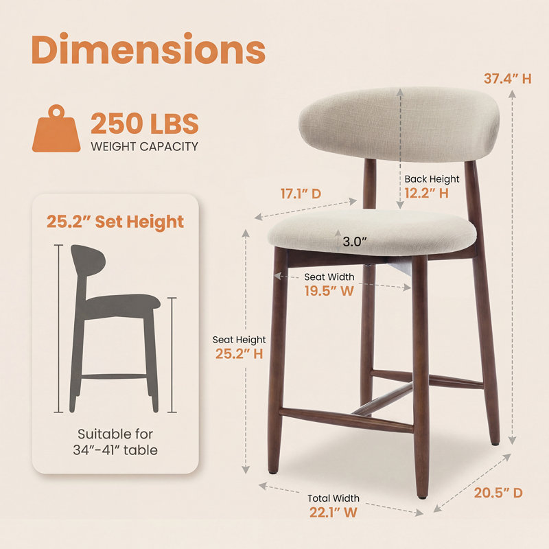 Vannie Upholstered Counter Stool with Solid Wood Frame, Beige