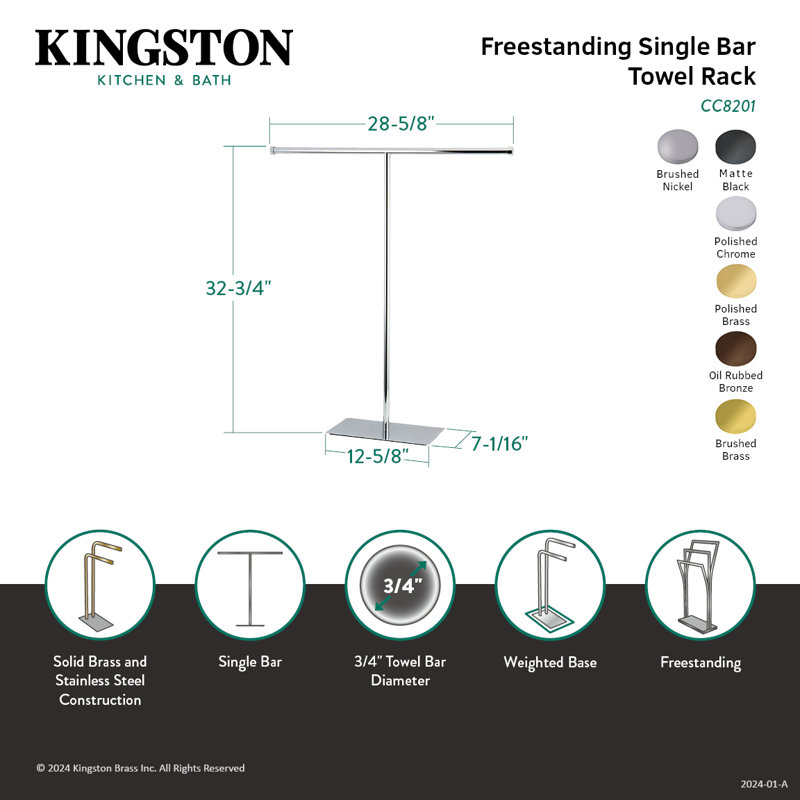 Kingston Brass Claremont Freestanding T-Shape Towel Rack, Brushed Brass