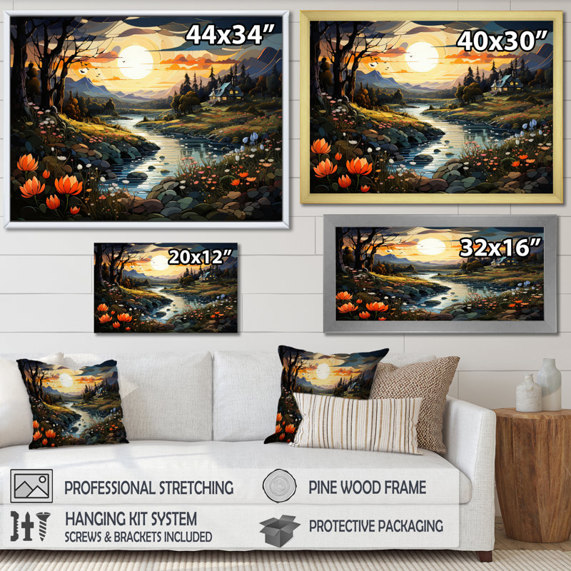 «Peach Lakehouse Journey Begins III», reproduction sur toile, 34" H x 44" W, Cadre flottant doré