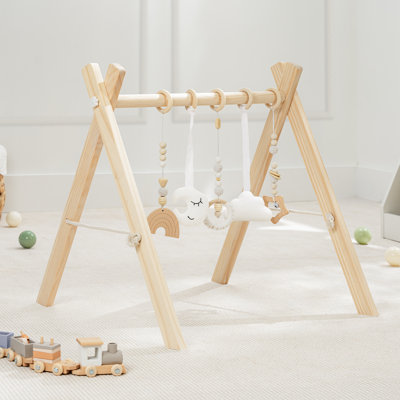  Wooden Baby Play Gym - Natural Finish Pinewood Baby Activity Gym with 5 Sensory Hanging Toys - Easy No-Tool Assembly for Infant Motor and Visual Development