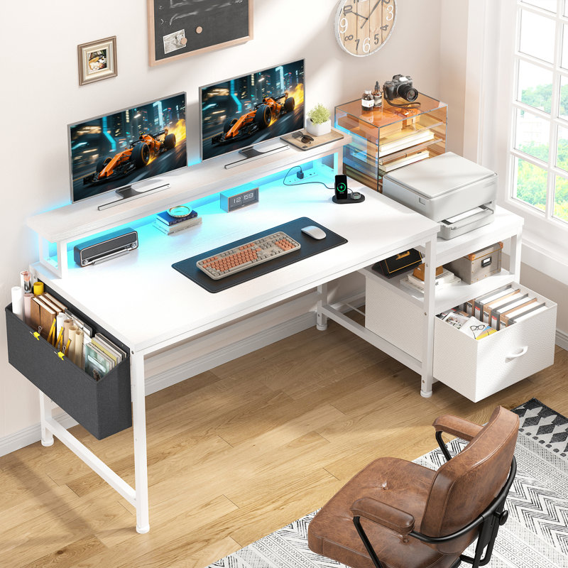 White Desk With LED Lights And Monitor Shelf,Computer Desk With 2 Open Storage Shelves, Corner Desk With Drawer And Power Outlets For Small Home Office