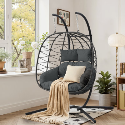 Foldable Double Egg Chair With Stand, Indoor/outdoor Wicker 2-person Hammock Chair With Cushion And Headrests, Rattan Hanging Loveseat For Patio, Bedroom, Balcony, 650 Lbs Capacity