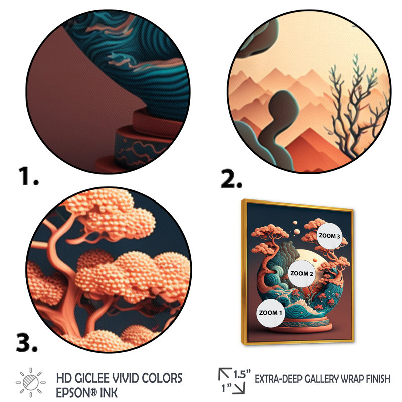 Terra Cotta Bonzai Mountains III - reproduction sur toile, H 44 po x l 34 po x P 1,5 po, Cadre flottant doré