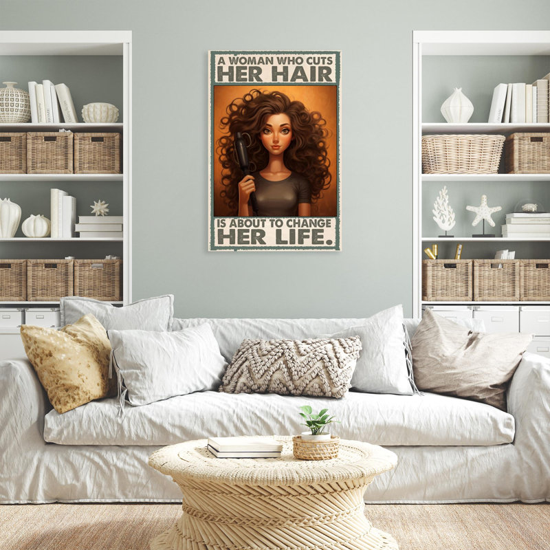 Une femme qui coupe ses cheveux - 1 pièce, reproduction d'art graphique sur toile tendue, L 24 po x H 36 po