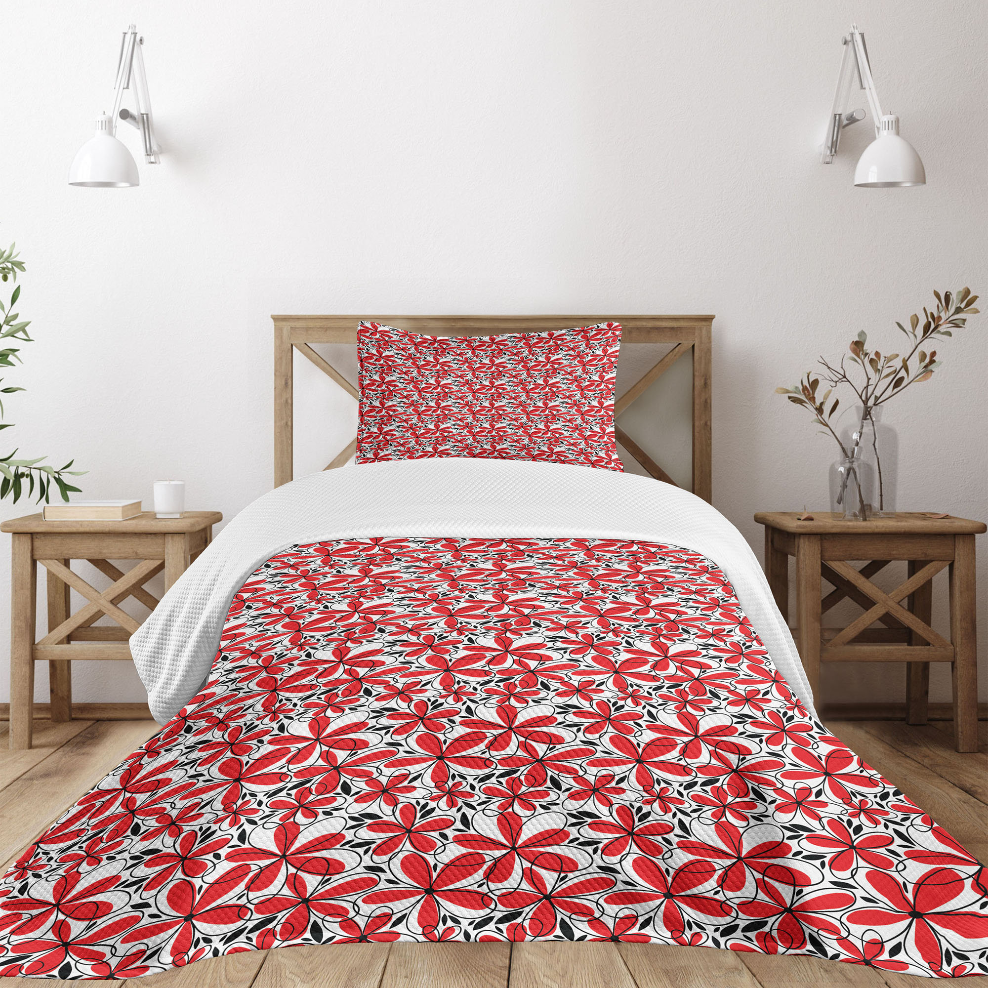 Ambesonne Feminine Bedspread Set Doodle Flower Romance Art Scarlet