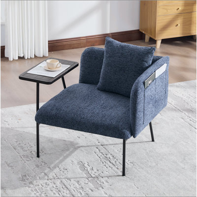 Fauteuil de loisir, fauteuil de détente avec petite table et coussin de dossier, chaises rembourrées modernes avec pieds en métal et poches latérales, canapé simple pour le salon / la chambre / le jardin
