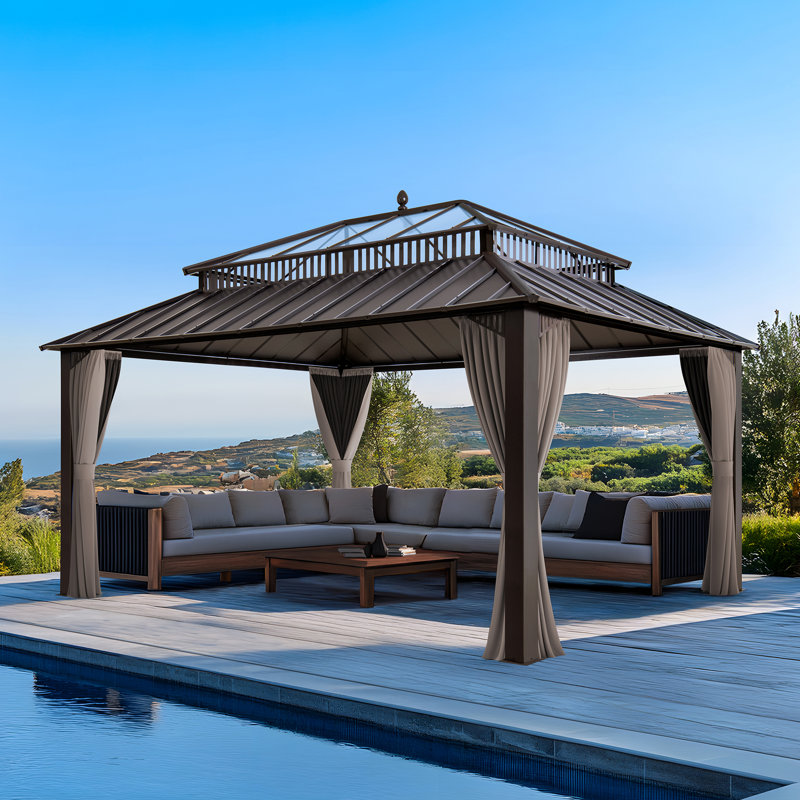 SUNJOY Kingston 16x12 Gazebo, Steel & PC Roof Hardtop Gazebo with Curtain and Netting - Brown Aluminum Posts, Brown