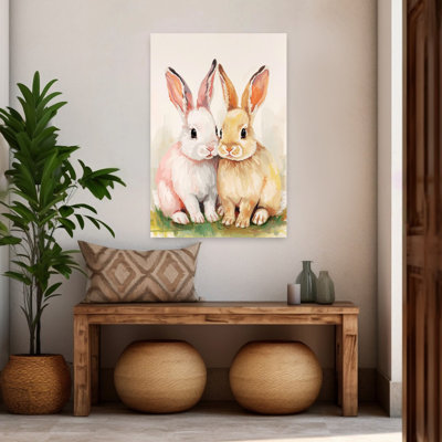 Paire de lapins mignons, art mural forêt de printemps contemporain