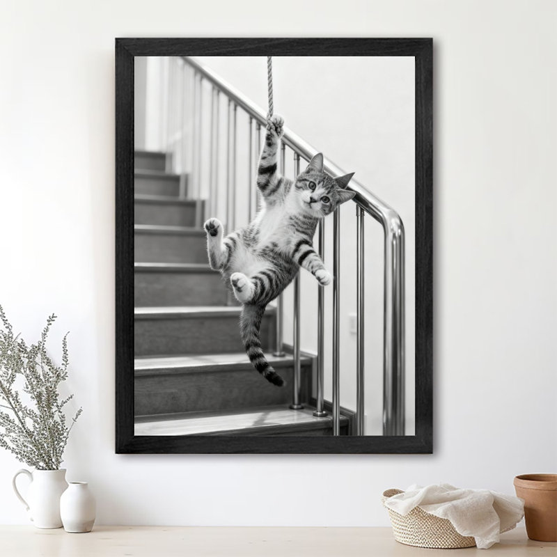 Reproduction d'art encadrée noire rétro sur fond gris par chats, H 11 po x l 9 po