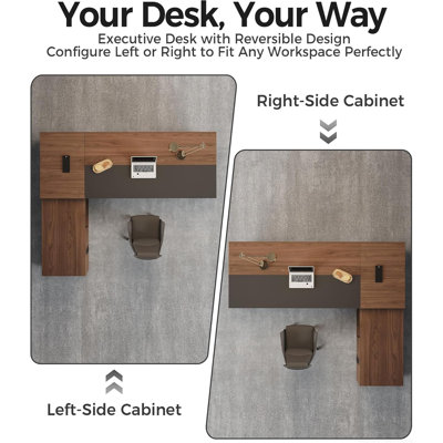Bureau de direction en L 63 po réversible - Grand bureau moderne avec tiroirs, tablettes ouvertes, éclairage DEL et ports d'alimentation / USB intégrés pour la maison ou le travail (L 63 po x l 63 po x H 30 po, noyer rouge et fer Gris)