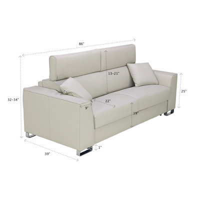 Monica 87" Genuine Italian Top Grain Leather Queen Wide Arm Sleeper Sofa Bed with Memory Foam Mattress