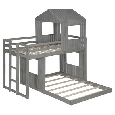 Lit superposé simple en bois sur lit double, lit mezzanine avec maisonnette, maison de campagne, échelle et garde-corps (ancien sku: LT000027AAK)