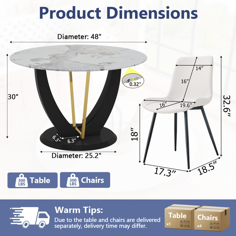 Modern 4‑Seat Round Dining Table Set – Tempered Glass Top Dining Table and Chairs, Stylish Kitchen & Dining Room Set, White