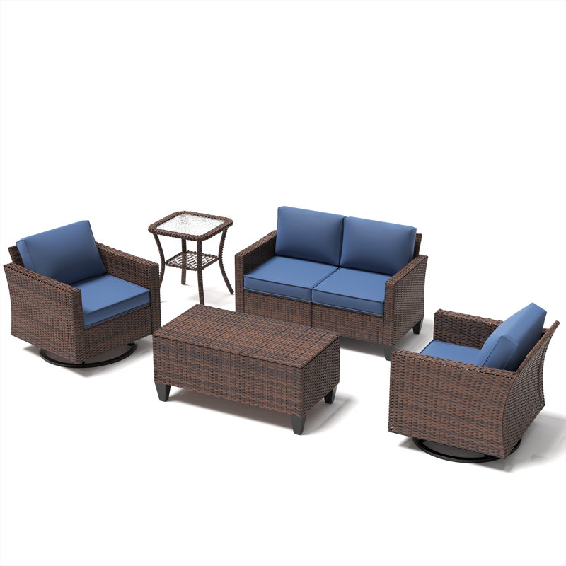 Ensemble de conversation d'extérieur 5 pièces avec tablette, canapé en osier compact et 2 chaises avec table d'appoint, Bleu