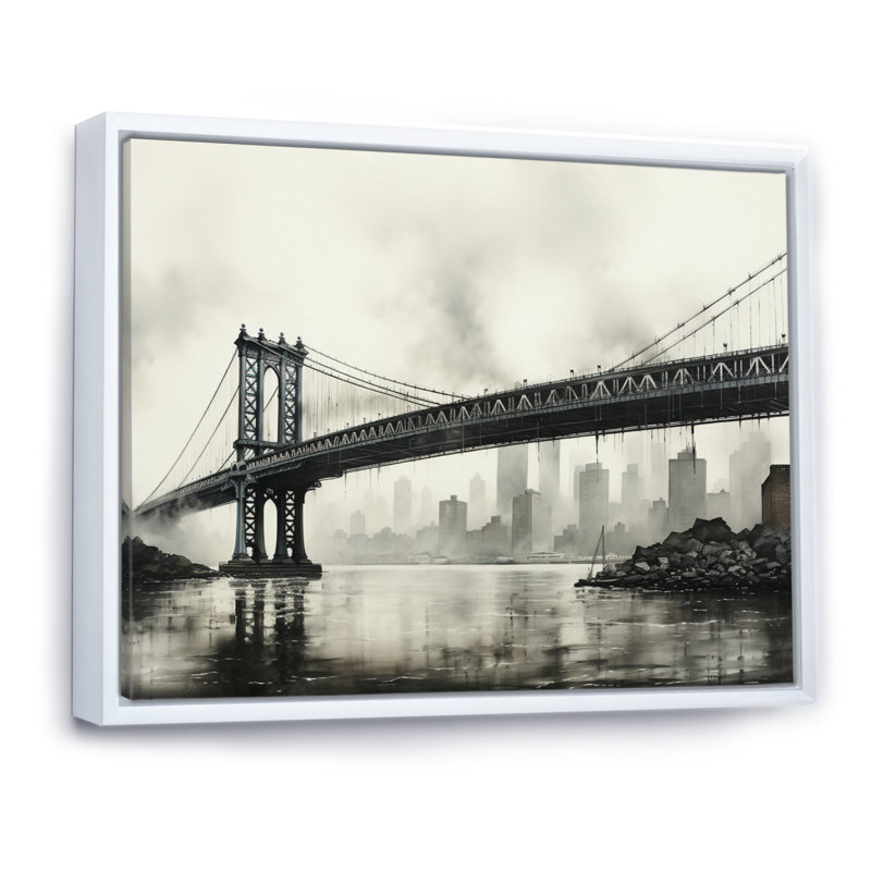 Gris pont suspendu à câble gris anthracite - Art mural sur toile, H 16 po x l 32 po x P 1 po, Cadre flottant blanc