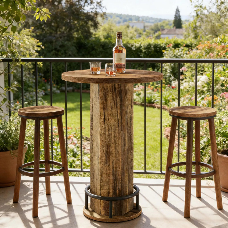 Ensemble de table de bar 3 pièces de style industriel et champêtre, table basse ronde de style pub avec 2 tabourets de bar pour coin bar ou cuisine.