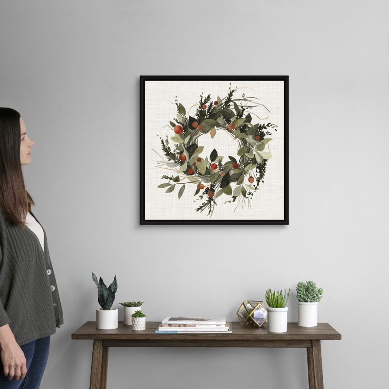 « Farmhouse wreath II » par Emma Scarvey, reproduction d’art sur toile, H 26 po x l 26 po x P 1,75 po, Cadre noir