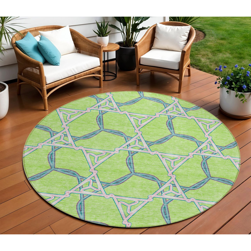 Tapis rond lavable extérieur géométrique vert et bleu 8 pi