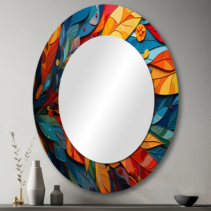 Sharonne Leaf Eye Symphony - Leaves Large Mirror, Traditional Decorative Wall Mirror, Printed Metal Art, 43" x 33", Oval