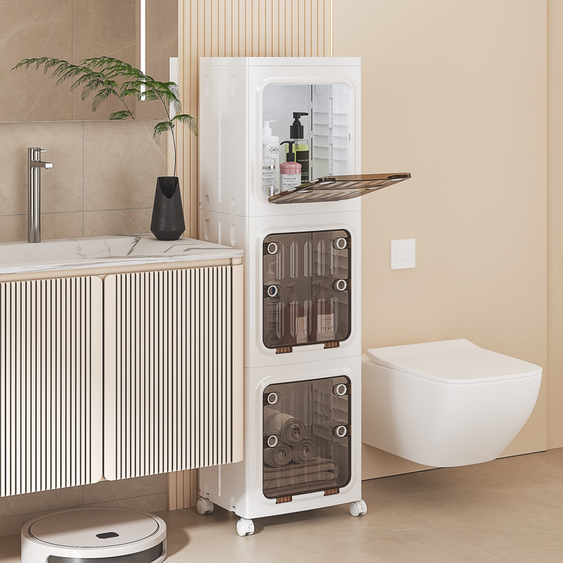 Foldable Vertical Plastic Bathroom Storage Cabinet With Wheels Freestanding Slim Organizer Bins For Small Bathrooms, Laundry, Dorms, And Apartments