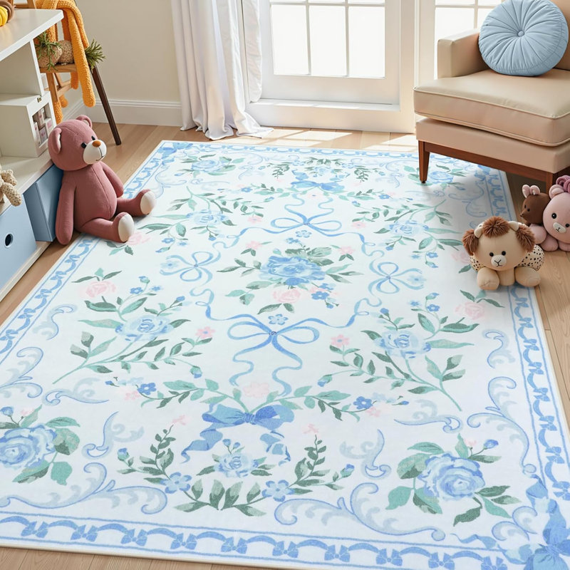 Kaldi Floral Washable Area Rug Non-Slip Stain Resistant Low-Pile Boho Large Indoor Throw Carpet, Rectangle 4' x 6'