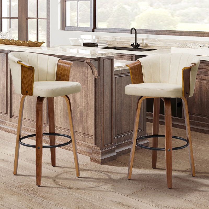 Lesli 30.51'' Swivel Tufted PU Leather Upholstered Counter Stool, Off-White/Brown