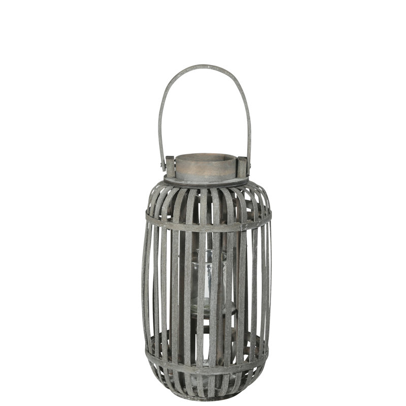 Lanterne en bois rond, Gris, H 14,5 po x l 7,75 po x P 7,75 po