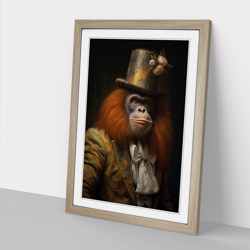 Orangutan Rococo - Single Picture Frame Print on Wood, 64cm H x 46cm W x 2cm D, Oak