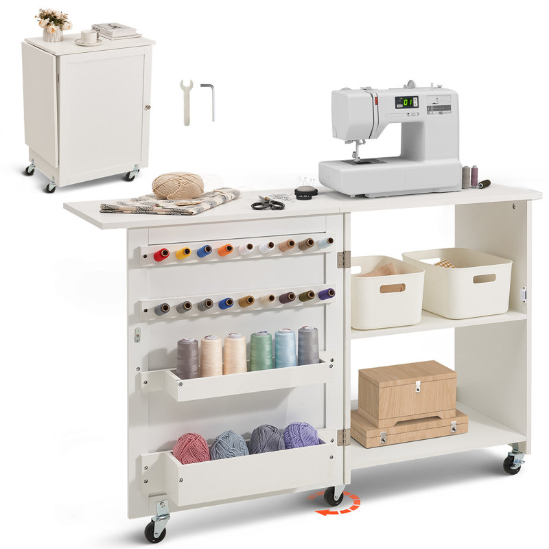 Folding Sewing Table with Lockable Wheels Storage Shelves Trays Door Wood Colour, Blanc