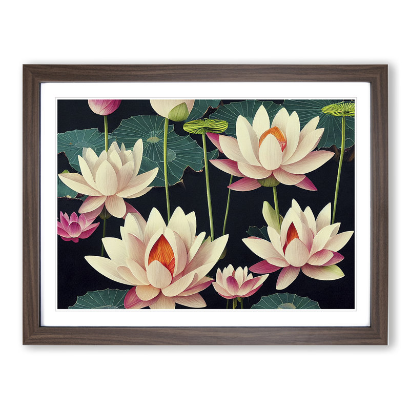 Dashing Lotus Flowers - Framed Print, 25cm H x 34cm W x 2cm D, Walnut
