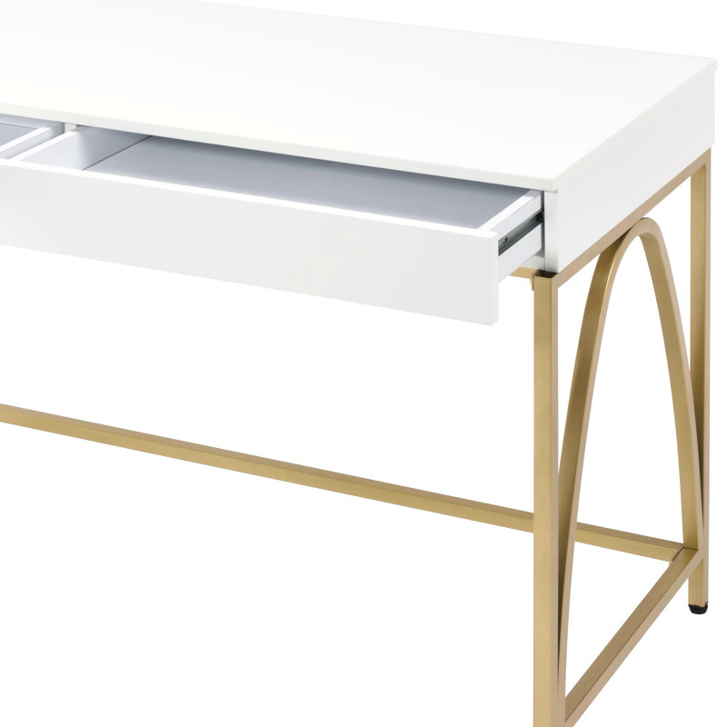 Bureau rectangulaire moderne blanc brillant avec pattes dorées, 2 tiroirs et compartiments de rangement pour bureau