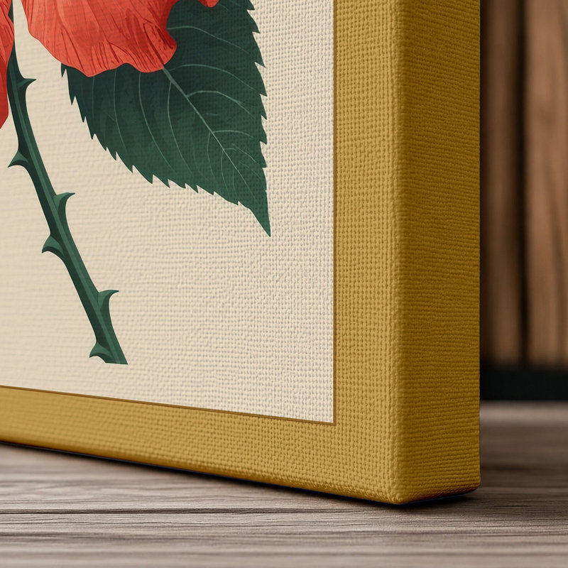 Coral Hibiscus Study Botanical - Wrapped Canvas, 24x16 - 61.0 x 40.6 cm, Ochre Border