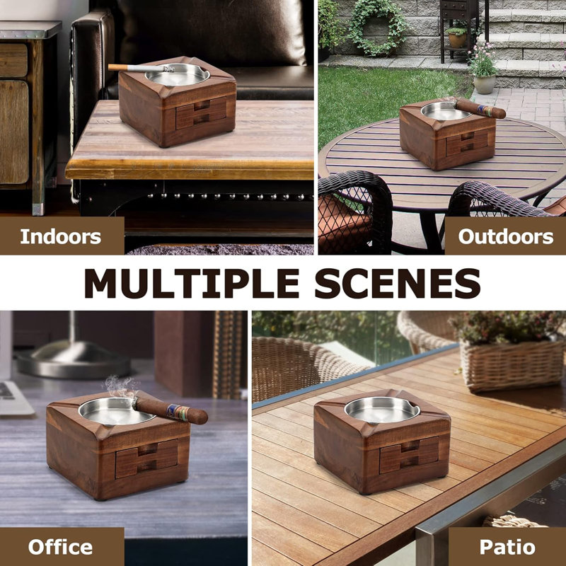 Cendrier carré en bois avec 4 fentes et tiroir pour accessoires pour cigares