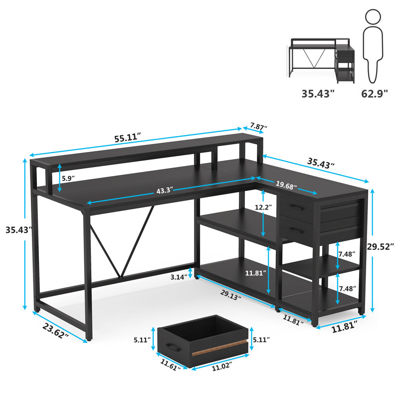 104.1Cm W L-Shaped Computer Desk, Black