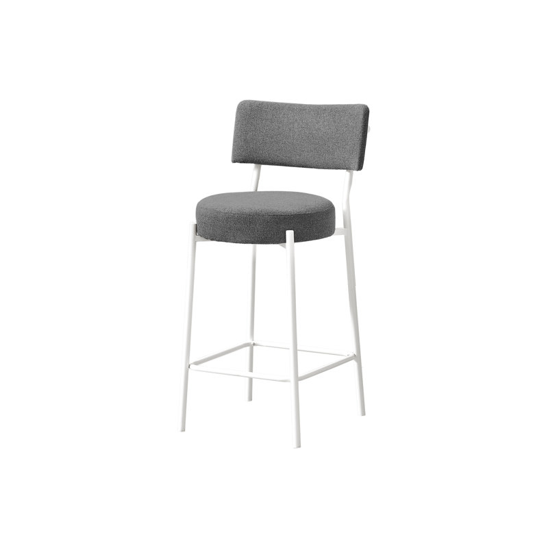Barstool, Counter Height, Set Of 2, Kitchen, Grey Fabric, White Metal, Contemporary, Modern