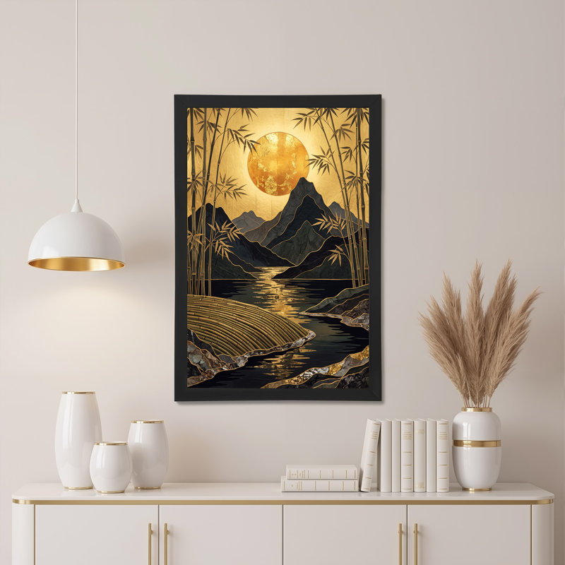Toile dorée sur les montagnes noires et bambou, 36"H x 24"W